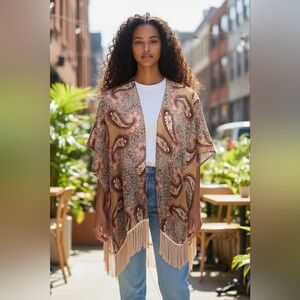 Fringed Kimono Womens OS Paisley Print Lightweight Open Front  Cover Up …